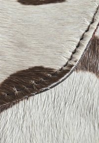 Kůži s hladkou strukturou. Vyznačuje se skvrnitým vzorem v hnědé a bílé barvě, s prošívaným okrajem, který zdůrazňuje design.