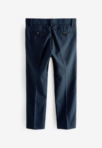 Pantaloni da uomo blu navy con tessuto strutturato, taglio dritto, due tasche posteriori con bottoni neri e passanti per cintura in vita.