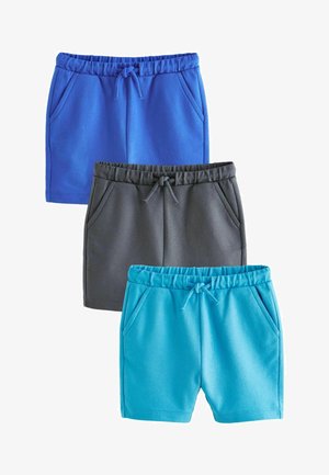 Three pairs of shorts: one blue, one gray, and one teal. Each features a drawstring waist and side pockets, made of soft fabric.