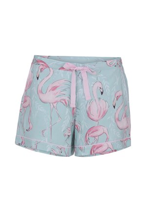 Light blue shorts with pink flamingo print and a pink drawstring tie at the waist.