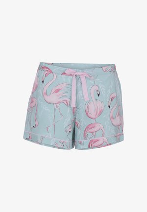 Light blue shorts with pink flamingo print and a pink drawstring tie at the waist.