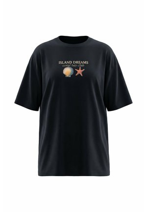 Zwart T-shirt met korte mouwen en de tekst "ISLAND DREAMS coral bay club", een schelp en een zeester afbeelding op de borst.