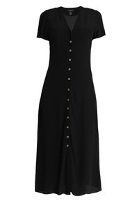 Černé krátké šaty s krátkým rukávem z lehkého materiálu, s výstřihem do V, zapínáním na knoflíky vpředu a volánkovou sukní.