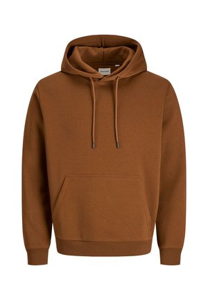 Brauner Kapuzenpullover mit Kängurutasche und Schnürzug, gerippten Bündchen und Saum, auf einem weißen Hintergrund präsentiert.