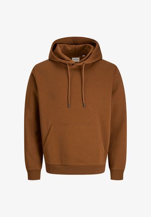 Brown hooded sweatshirt with front pouch pocket and drawstrings, ribbed cuffs, and hem, displayed on a white background.