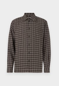 Camicia a maniche lunghe con motivo a quadri marrone e beige, una tasca sul petto e colletto classico.