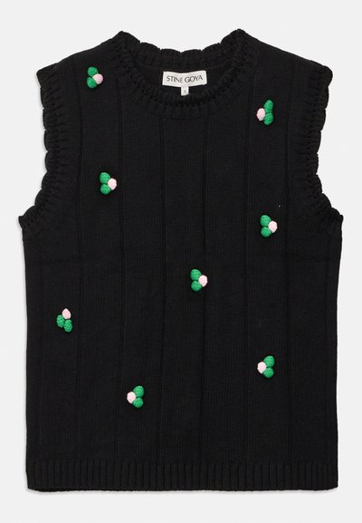 Musteta ilma varrukaid top, millel on sooniline tekstuur, kaunistatud roheliste ja roosade lillelise tikandiga, ning laineline kaelus ja varrukate augud.