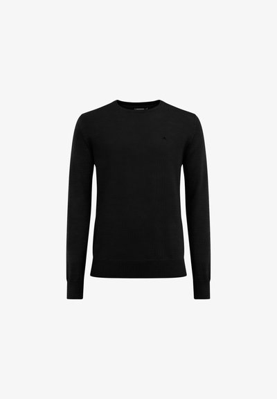 Μαύρο πλεκτό πουλόβερ με στρογγυλή λαιμόκοψη, μακριά μανίκια και ριγωτές μανσέτες και τελείωμα. Περιλαμβάνει ένα μικρό λογότυπο στο στήθος.