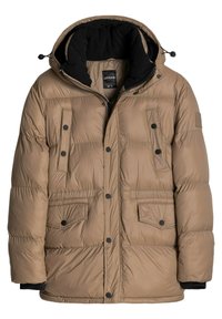 Chaqueta de plumas marrón con capucha, con cierre de cremallera, dos bolsillos frontales y botones de presión negros. Tejido texturizado y forro cálido.