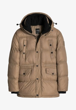 Brązowa kurtka puchowa z kapturem, z zamkiem błyskawicznym, dwiema przednimi kieszeniami i czarnymi napami. Teksturowana tkanina oraz ciepła podszewka.