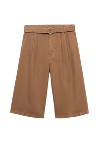 Braune Baumwollculottes mit Falten, weitem Bein und einem Taillenbund mit einer runden silbernen Metallschnalle. Glatte Textur und lässiges Design.