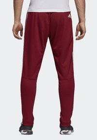Maroon athletic pants with a slim fit, made of lightweight material. Features white stripes along the sides and elastic cuffs.