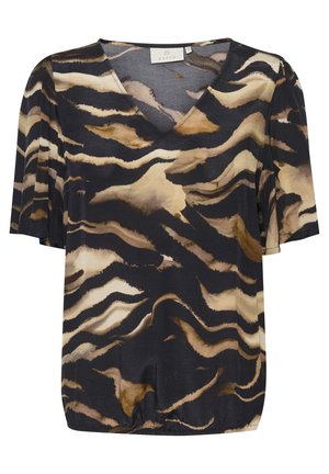 Top nero a maniche corte con scollo a V, caratterizzato da un motivo a strisce di tigre ondulate nelle tonalità di marrone e crema. Materiale morbido e leggero.