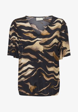 Top negru cu mânecă scurtă, cu decolteu în V, având un model cu dungi de tigru ondulate în nuanțe de maro și crem. Material moale, ușor.