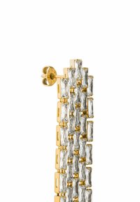 Ohrhänger in Goldoptik mit einem linearen Design, das mehrere rechteckige klare Steine in abwechselnd gold- und silberähnlichen Akzenten zeigt.