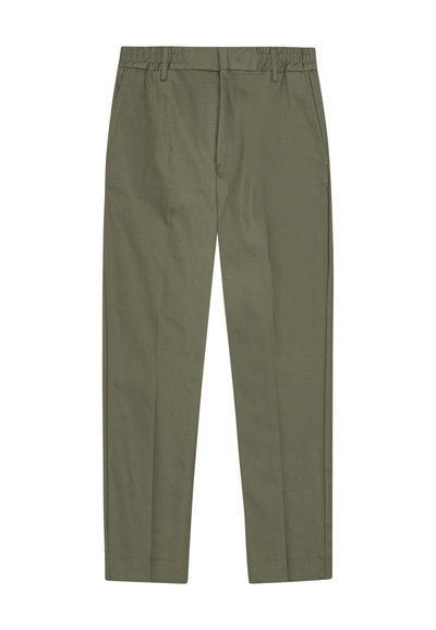 Olijfgroene broek met een elastische tailleband, slim fit, lichtgewicht stof en voorplooien. Geen zichtbare zakken. Glad aanvoelend.