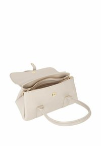 Beige Handtasche aus synthetischem Leder mit rechteckiger Form, zwei kurzen Griffen, magnetischem Druckknopfverschluss und inneren Reißverschlussfächern.