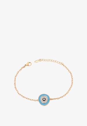 Arany lánc karkötő, amelyen egy kerek türkiz charm található, fekete és fehér szemmintával, körülötte kis átlátszó kristályokkal.