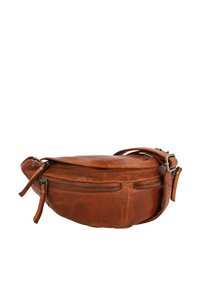 Brown leather crossbody bag with a smooth texture, round shape, top zip closure, and adjustable strap. Features front zip pocket.