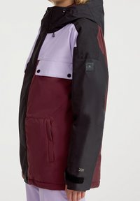 Personne portant une veste d'hiver à blocs de couleur noire, bordeaux et lavande, avec poches avant et capuche, vue de profil.