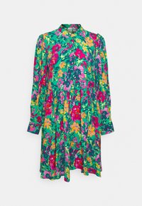 Florales Kleid mit langen Ärmeln, geknöpften Kragen, auf grünem Hintergrund mit rosa, gelben und lila Blumen; leichtes Material, ausgestellter Rock.