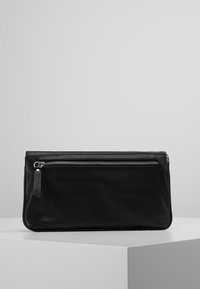 Černá kožená taška s texturovaným povrchem, vybavená přední kapsou na zip a minimalistickým obdélníkovým tvarem.