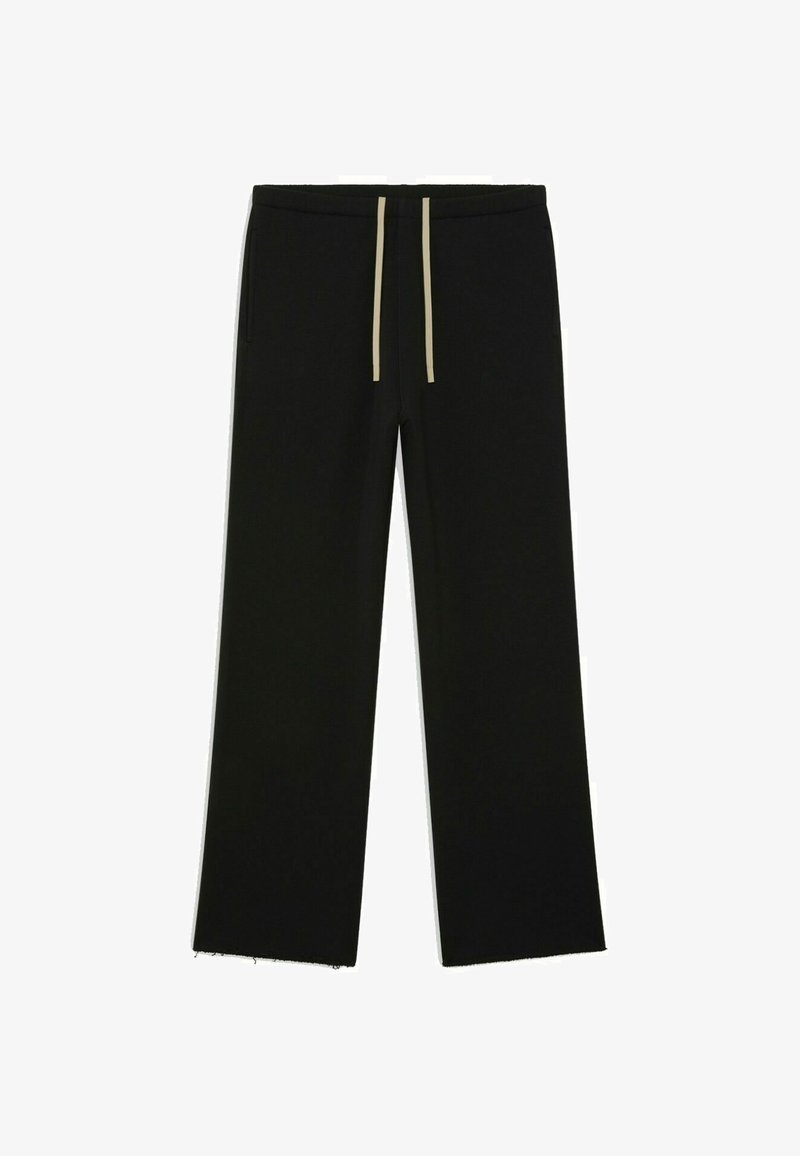 Pantalons noirs à jambes larges en matériau lisse, avec une taille élastique dotée de cordons de serrage beiges et des ourlets bruts.