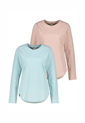 Zwei Langarmshirts mit Rundhalsausschnitt, eines hellblau vorne und eines blassrosa dahinter, beide mit gewellten Saumdesigns.
