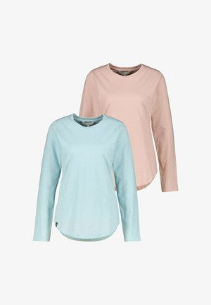 Zwei Langarmshirts mit Rundhalsausschnitt, eines hellblau vorne und eines blassrosa dahinter, beide mit gewellten Saumdesigns.