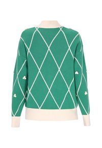 Maglione verde lavorato a maglia con motivo a diamante bianco, orlo e polsini a coste, con tre accenti testurizzati su ciascun manica.