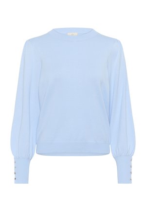 Hellblauer Pullover mit geripptem Rundhalsausschnitt, langen Puffärmeln und dekorativen Knopfakzenten an den Bündchen. Weicher Strickstoff.