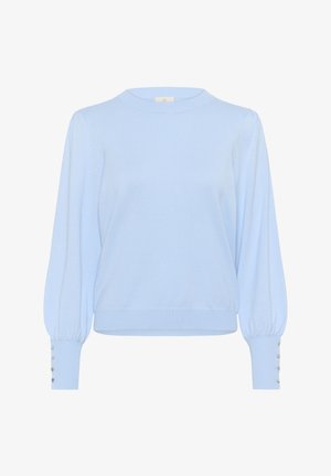 Hele sinine pullover kampsun soonikkoes ümar kaelusega, pika lõhustatud varrukaga ja dekoratiivsete nööpidega mansettidel. Pehme kootud kangas.