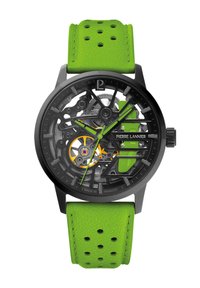 Reloj esqueleto negro con una esfera transparente, acentos en verde neón y una correa de cuero perforado verde. Presenta un mecanismo de movimiento visible.