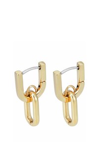Goldfarbene Creolen mit einem klobigen Design, das mit verlinkten Kettendetails und einem glatten, polierten Finish versehen ist. Sichere Gelenkschließen.