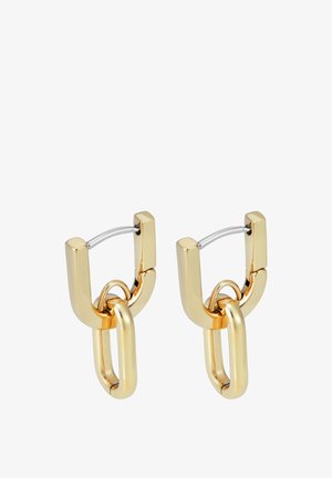 Gold-toned hoop earrings featuring a chunky design with linked chain details and a smooth, polished finish. Secure hinge closures.