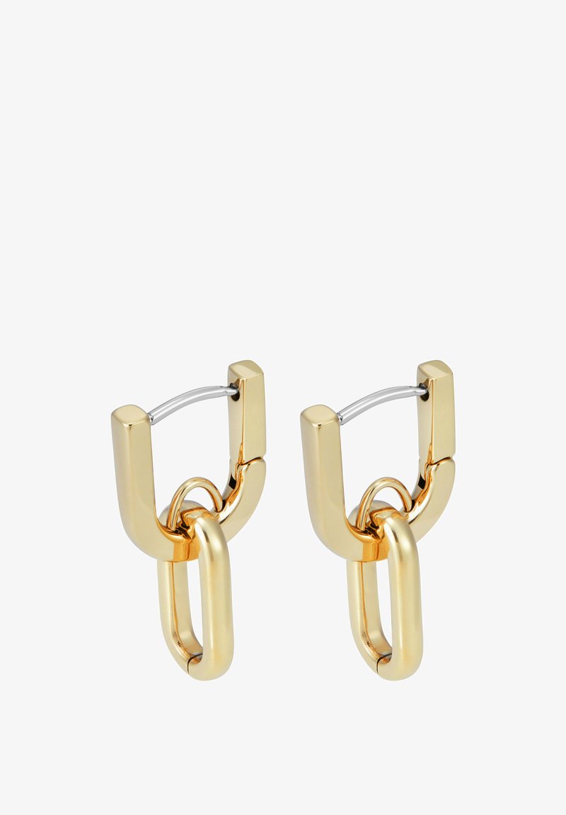 Gold-toned hoop earrings featuring a chunky design with linked chain details and a smooth, polished finish. Secure hinge closures.