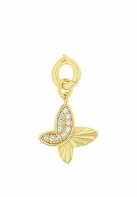 Charm a forma di farfalla dorata con un design delle ali texturizzato e pietre scintillanti. Attaccato a un gancio rotondo per una facile chiusura.