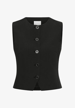Veste noire ajustée sans manches avec cinq boutons devant et un col rond.