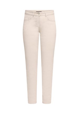 Jean skinny beige en tissu mélangé coton. Comprend une fermeture éclair, un bouton, cinq poches et des détails de couture minimalistes.