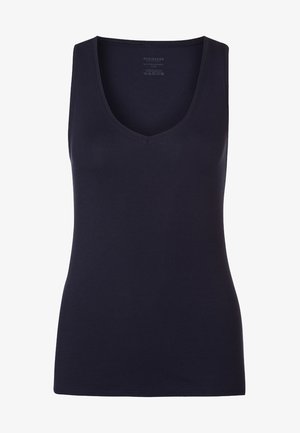 Navy blue tank top with a V-neck design, made of soft, stretchy fabric; features a sleeveless cut and subtle stitching details.