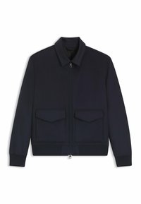 Navy zip-up bomber jacket with a collar, two front flap pockets, ribbed cuffs and hem, and a smooth texture.