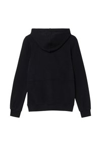 Schwarzer Hoodie mit Känguru-Tasche, gerippten Ärmeln und Saum; aus weichem Stoff mit glatter Textur und klassischem Design.