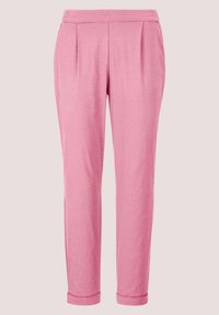 Roze broek met een gladde textuur, voorzien van voorplooien, een op maat gemaakte snit en omgeslagen boorden bij de enkels.