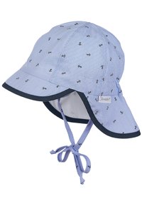 Blue and white striped sun hat with anchor patterns, wide brim, navy accents, and adjustable chin strap. Cotton material.