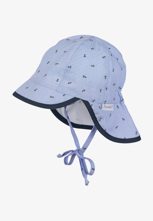 Blau-weiße gestreifte Sonnenmütze mit Anker-Mustern, breiter Krempe, marinefarbigen Akzenten und verstellbarem Kinnriemen. Aus Baumwollmaterial.