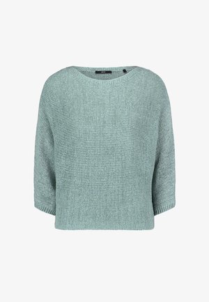 Lichtblauwe gebreide trui met een losse pasvorm, een ronde halslijn en driekwart mouwen.