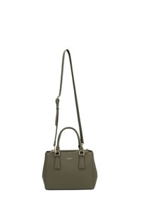 Borsa a mano verde oliva realizzata in pelle testurizzata, con doppie maniglie superiori, una tracolla removibile e accessori in metallo dorato.