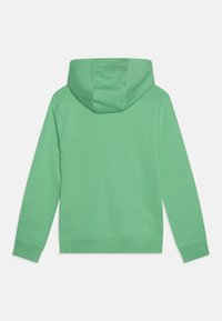 Sudadera verde, material de algodón suave, estilo de cuello redondo, capucha grande, puños y dobladillo acanalados, diseño liso sin patrones ni acentos.