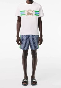 Camiseta de algodón blanca con rayas verdes y azules, que presenta un logo marrón de Lacoste. Pantalones de baño azul marino con un patrón geométrico y detalles verdes. Sandalias negras.