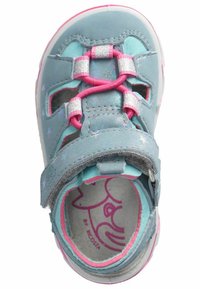 Svetle modrá bota s růžovými akcenty, textilní svršek, nastavitelný pásek, vícerozměrný vzor hvězd a strukturovaná podešev pro lepší přilnavost.